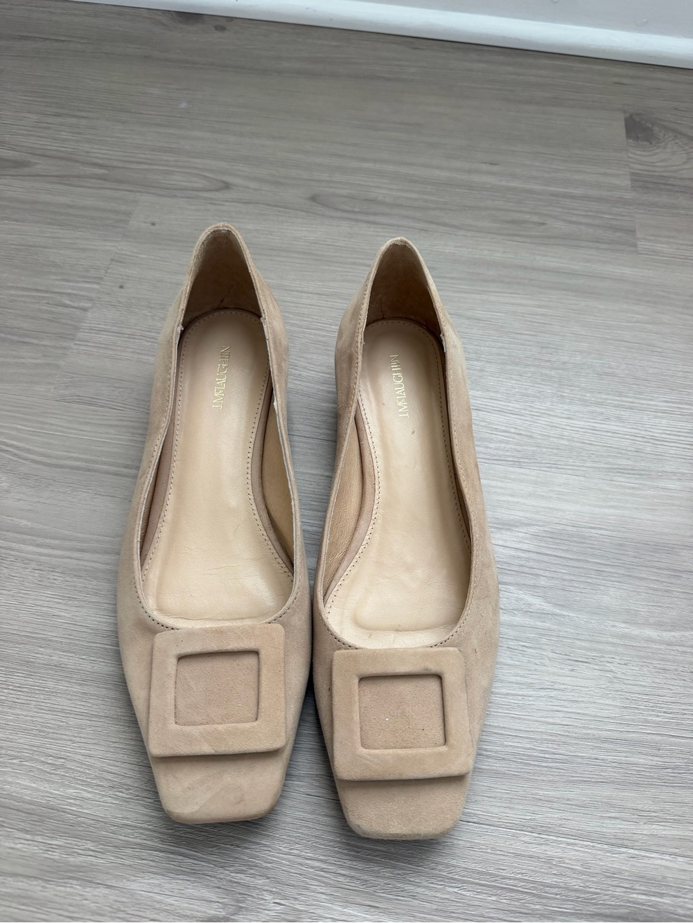 J. McLaughlin Beige Suede Square-Buckle Flats